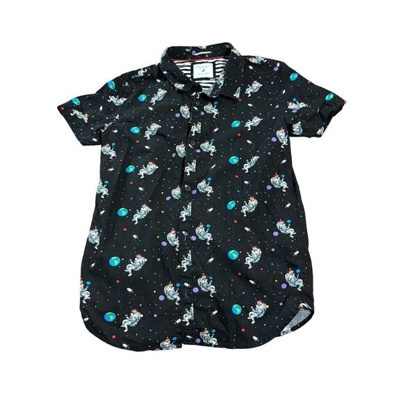 Denim & Flower Astronaut Santa Christmas Button Up Size 13/14 Black Short Sleeve - Picture 1 of 5